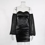 Black sexy off shoulder bodycon dresses women mesh puff sleeve spring summer club party elegant mini dress mujer