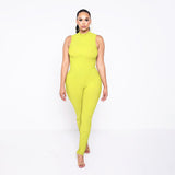 Phoenix solid color sleeveless suit high collar zipper back open slim jumpsuit pleated casual one-piece trousers