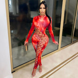 2020 hot sale Hollowed-out lace-up women's jumpsuit Sexy long sleeve night club suit plus size in stock