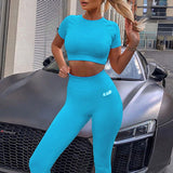 X01120C fitness tracksuit women letter print 2021 fashion 2 piece set skinny sport wear elastic hight playsuit female casual