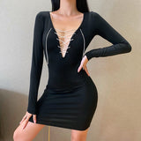 Phoenix New arrival sexy women dress+Sexy V-neck drill chain hottie slim dress