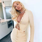 X00518M casual suit for women 2021 Autumn fashion street shoot lace tie top slim skirt two-piece set