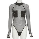 X00501V Autumn 2021 new piercing mesh sexy hollowed-out onesie