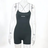 Wholesale fashion trendy summer fitness one piece spaghetti strap short black jumpsuit