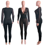 Phoenix Sexy hollowed-out see-through slim V-neck with spliced one-piece trousers pencil trousers club jumpsuit