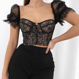 X00109D Lace Up Black Sexy Backless Corset Tops and Blouses Lace Short Sleeve Crop Tops Shirts Women Blouses Party Club