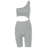 Women Club One Shoulder Hollow Out Sexy Jumpsuit Workout Playsuit Bodycon Slim Sport Romper Biker Shorts