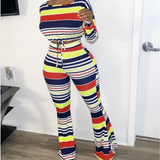 Hot style ladies two-piece set+Fashion rainbow stripe T-shirt wide-leg two-piece pants