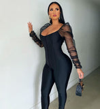 threaded jumpsuits slim long sleeve jumpsuit Bubble shoulder sleeve mesh patchwork jumpsuit