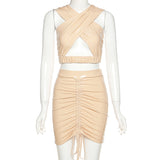 X01892C Criss Cross Faux Leather Two Piece Sets Drawstring Skirt And Crop Top Hole Bodycon Partywear Club Sexy Hot Co-ord Set