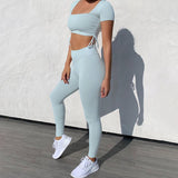 X01161C Sportswear Fitness Workout Two Piece Sets Women Short Sleeve Drawstring Tracksuits Ruched Push Up Top And Leggings Set