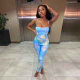 Phoenix Flora Print Tie Dry Sexy Women Jumpsuit Sleeveless Backless Skinny outfits One Piece Fashion Summer Hot Party