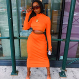 X01118M 2021 Autumn fashion casual suit for women long-sleeved tops and high-waisted skirt Solid color two pieces suit