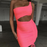 One Shoulder Summer Sexy Bodycon Dresses Women Hollow Out Ruched Backless Bandage Mini Club Party Dress