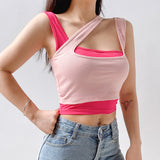 X00198M 2021 new design women's crop tops sexy irregular hollow out shoulder strap short casual not really two two pieces