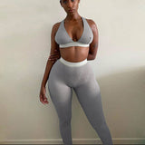 X01239C fitness sporty women tracksuit sleeveless v-enck tank stretchy leggings ribbed bra two piece set solid streetwear outfit