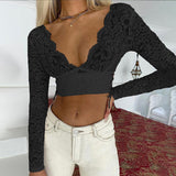 X00590V 2021 Autumn/winter sexy V-neck backless slim lace long sleeved T-shirt