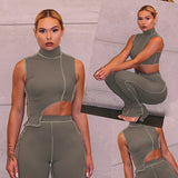 Two piece set high neck crop top and pants 2 pieces tracksuit women elastic hight fitness outfits sexy matching sets