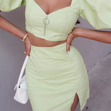 X00163S 2021 spring New women's fashion sexy hip wrap skirt slim bubble sleeve cardigan two-piece set