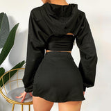 Sexy Two Piece Set Women Long Sleeve Crop Top Hoodies And Mini Skirt Casual Female Sweatshirts Streetwear