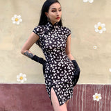 Chinese style short cheongsam 2021 summer Sexy floral dresses Slim high-waisted throwback slit skirt