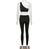 X01246C sporty fitness tracksuit women one shoulder tank+leggings 2 piece elastic sporty skinny active wear casual fashion