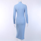 Sexy Knee-Length Party Dresses Cotton Ribbed Knitted Turtleneck Solid Split Long Sleeve Autumn Mock Neck Elegan