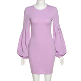 Phoenix Round neck lantern sleeve sexy figure-hugging hip-hugging dress