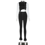 Two piece set high neck crop top and pants 2 pieces tracksuit women elastic hight fitness outfits sexy matching sets