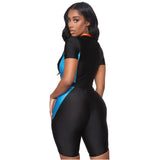 Stitching Skinny Sexy Sports Yoga Jumpsuit Rompers For Women Zip Front Short Sleeve Fashion Fitness Clothing Plus Size 5XL