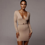 new 2021 fashion women's sexy V-neck knit long sleeve skirt slim waistband and hip-hugging dress