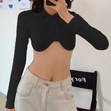 X01618C Phoenix Cut Out Hole Basic Turndown Collar Tshirt For Woman Autumn Casual Bodycon High Streetwear 2021 Solid Long-Sleeve