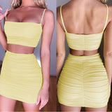 Women Summer Fashion 2020 2Pcs Crop Top Sexy Bag Hip Pleated Two Piece Outfits Skirt Set