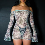 New summer woman clothing sexy fashion dollar print see through dress 2 piece skirt set