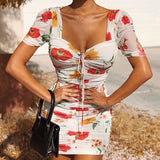 2020 new arrivals Fashionable print sexy pleated lace-up short-sleeved bodycon lady elegant women dresses