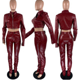 X00758L Hot sale women two-piece set + Leather cardigan zip-up casual sport suit