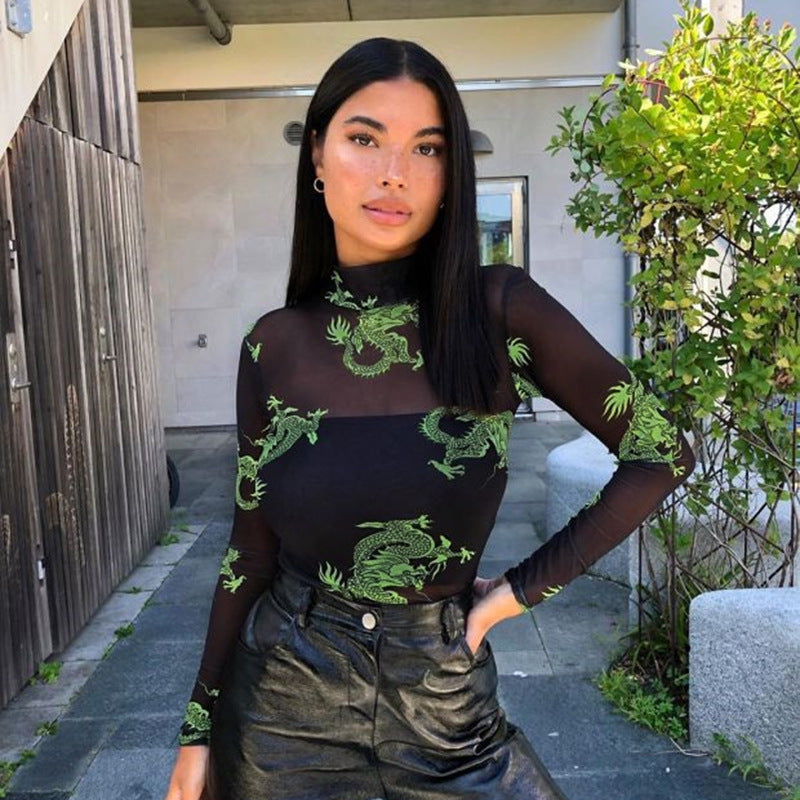 X01053C Transparent Sexy Mesh Bodysuit New Arrival Long Sleeve Dragon Print Body Mujer Rompers Womens Jumpsuit Summer