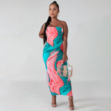 Hot style strapless dress 2021 summer new fashion sexy print MIDI skirt