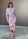 Fall tie-dye printed sexy commuter dress