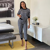 X00803S Phoenix 2021 Autumn Short-sleeved trouser suit with women's print checked casual sport two-piece set