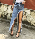 Women Blue Ripped Denim Skirt Long Bodycon Casual Irregular Hem Jeans Skirts For Ladies Club Wear