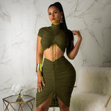 X00173M Fashion casual sport stretch sexy nightclub drape pull rope half high in a two-piece dress