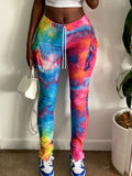 X01630C Phoenix Tie Dye Print Drawstring Side Pockets Stacked Pants Women Bottom Ribbed Knitted Colorful Stretchy Autumn Casual