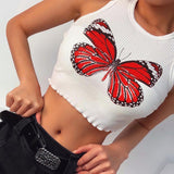 X00330S 2021 new short style slim crop top short sleeves round neck and butterfly print T-shir