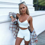 X00892C reflective letter print cotton 2 piece set women biker shorts v-neck crop top sleeveless casual outfits summer fashion