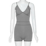 Grey Skinny Spaghetti Strap Street Woman Rompers Club Bodycon Bodysuit Women Biker Shorts jumpsuits