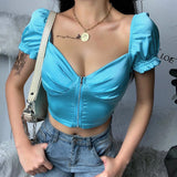 X00065D Bubble Short Sleeve Satin 2021 Summer Blouse Shirts Women Tops Fashion Shirt Sexy Off Shoulder Blouses Streetwear