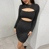 Phoenix slim irregular skirt Long sleeve skirt buttock sexy autumn hollow-out pleated dress