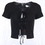 X00996C Short Sleeve Knitted Hot Sexy Tie Up Summer Tops Women T-Shirts Slim Female Tee Shirts Cropped Tops Basic Thin