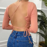 X00404S 2021 Solid color round neck long sleeves crop navel cross tie sexy backless slim top